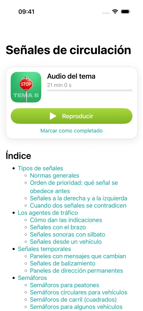 Sección de estudio por temas en TeoriGO